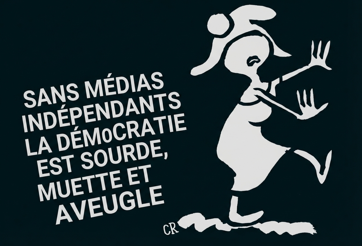 Schwarz-weiß-Cartoon: blinde Figur mit ausgestreckten Händen neben französischem Schriftzug über unabhängige Medien